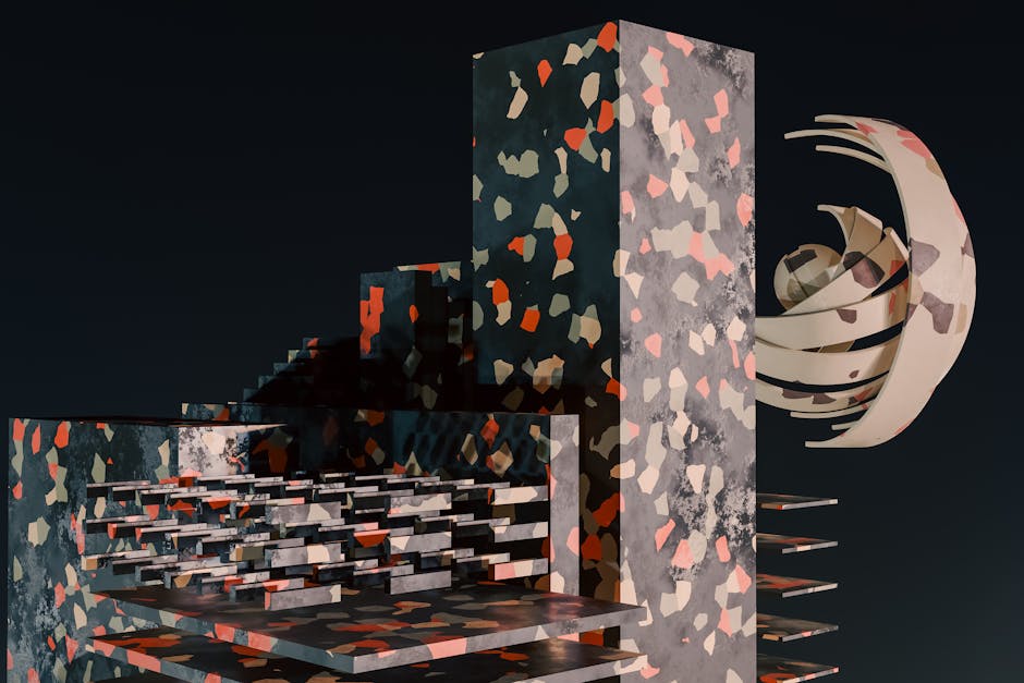 Digital rendering of an abstract architectural structure with colorful geometric patterns on a dark background.